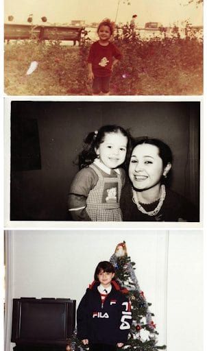 A collage of three photos. Top: A child stands in a field. Middle: A girl smiles with a woman. Bottom: A child poses near a Christmas tree.