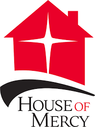 Red house with white cross, over curved black and red line, text 