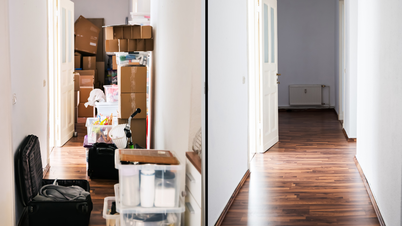 A hallway before and after moving; boxes and items on the left and empty on the right.