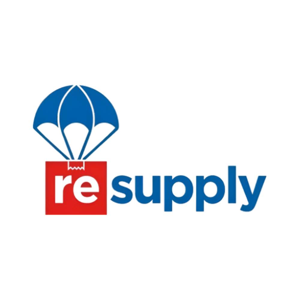 Logo with a red square box, blue parachute, and text 