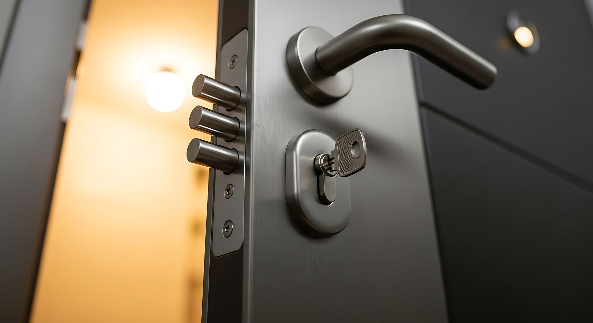 Close-up of a door with a key inserted into a modern lock mechanism.