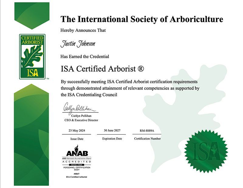 Certificate from The International Society of Arboriculture, announcing that Justin Folman is an ISA Certified Arborist.
