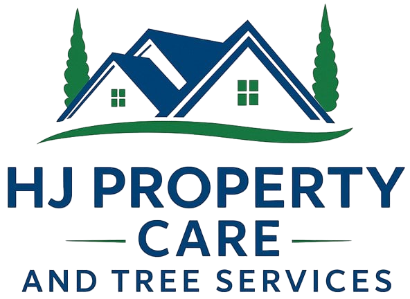 Logo for HJ Property Care: Blue roofed houses with green trees, blue text "HJ Property Care" and green "CARE" on a white background.