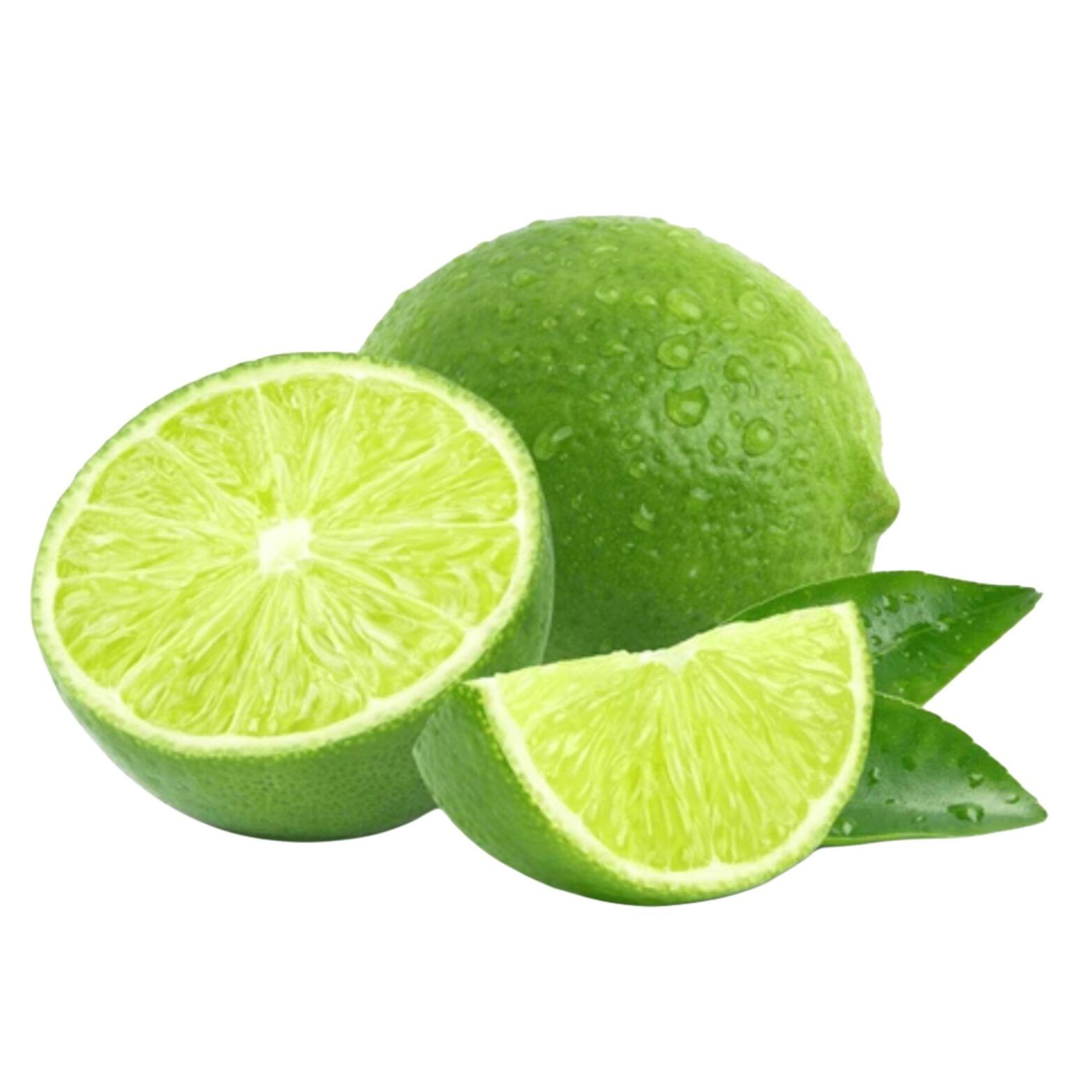 Limas verdes, una entera, una cortada a la mitad, una en gajo, con hojas verdes.