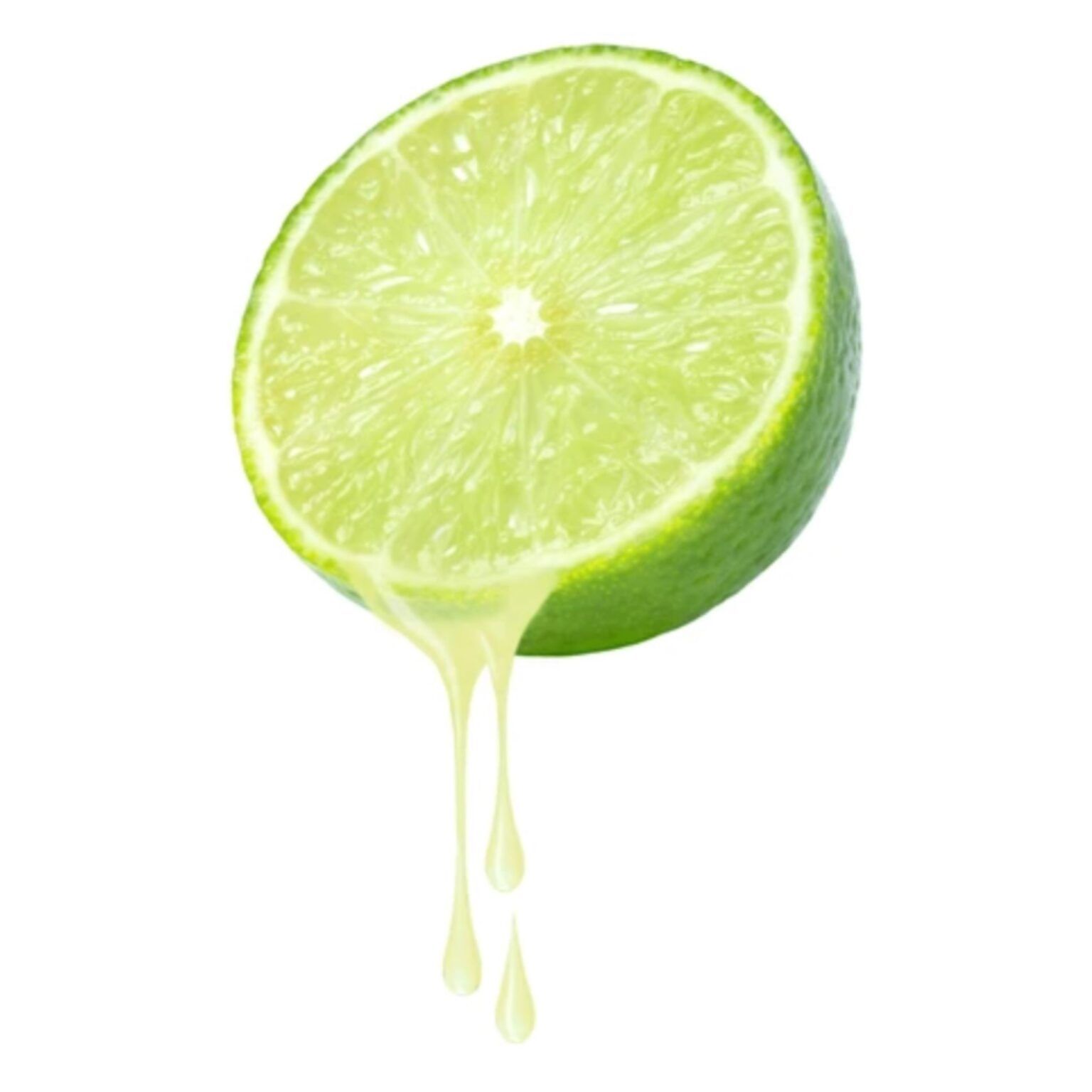 Media lima con jugo goteando sobre un fondo blanco.