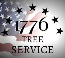 A logo for 1776 Tree Service with an american flag in the background