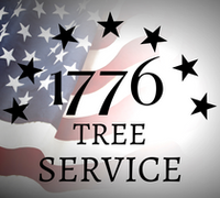 A logo for 1776 Tree Service with an american flag in the background