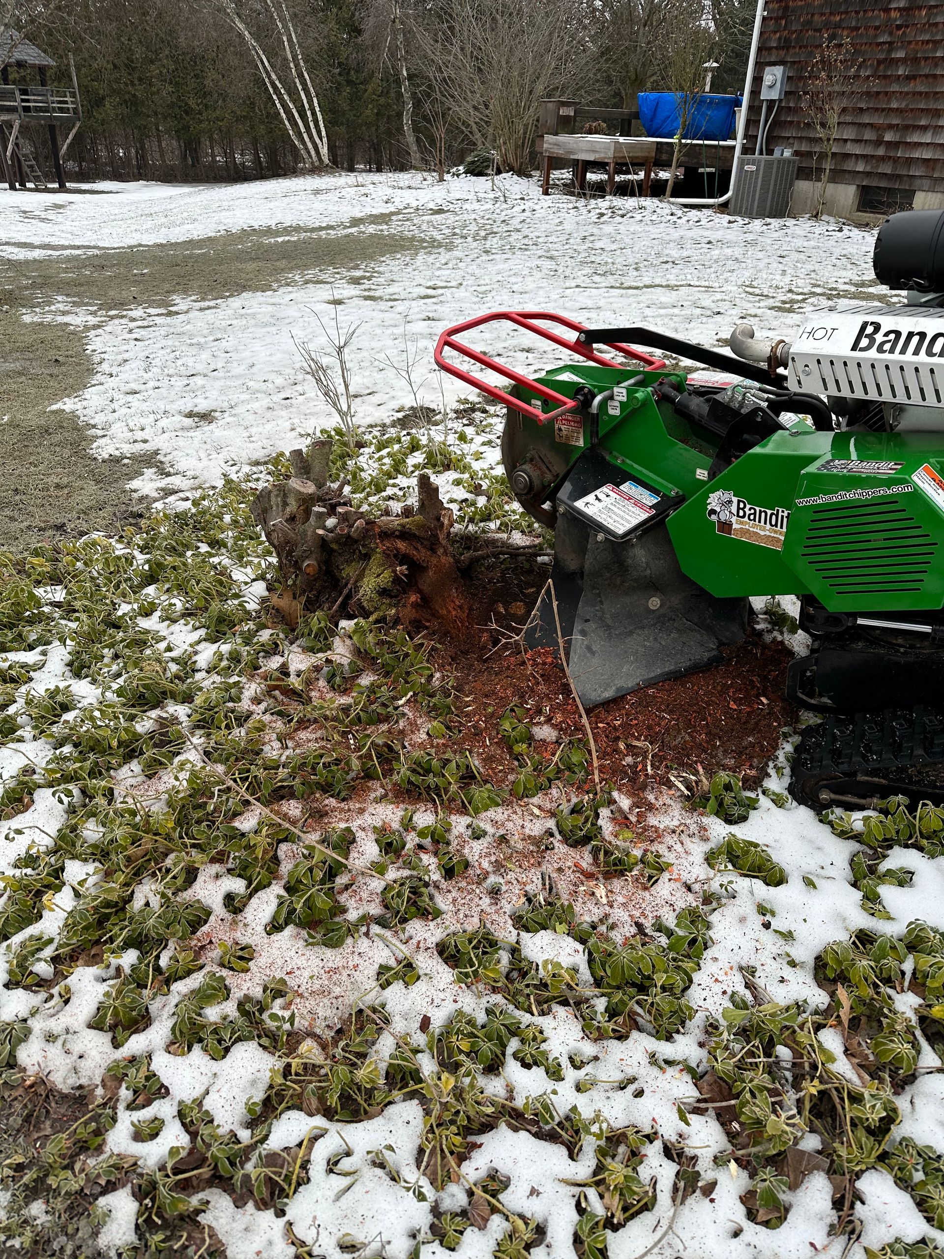 A green stump grinder is sitting in the snow next to a tree stump.