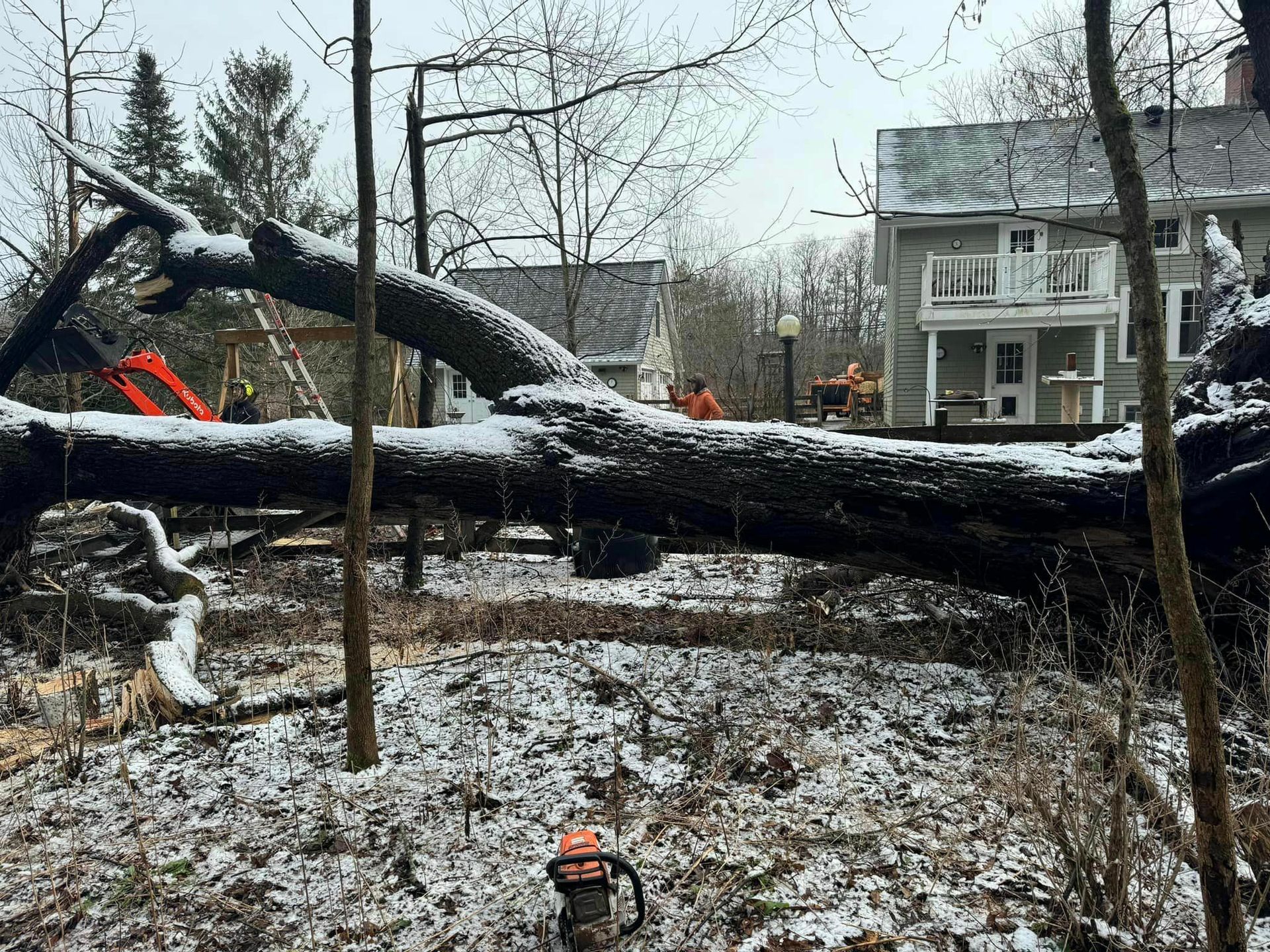 A man is standing on a ladder on the roof of a house.