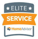 An elite service home advisor logo with an orange ribbon.