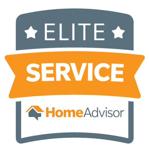 An elite service home advisor logo with an orange ribbon.