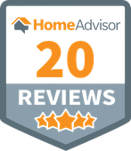 A home advisor 20 reviews badge with four stars on it.