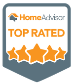 A home advisor top rated badge with five stars.