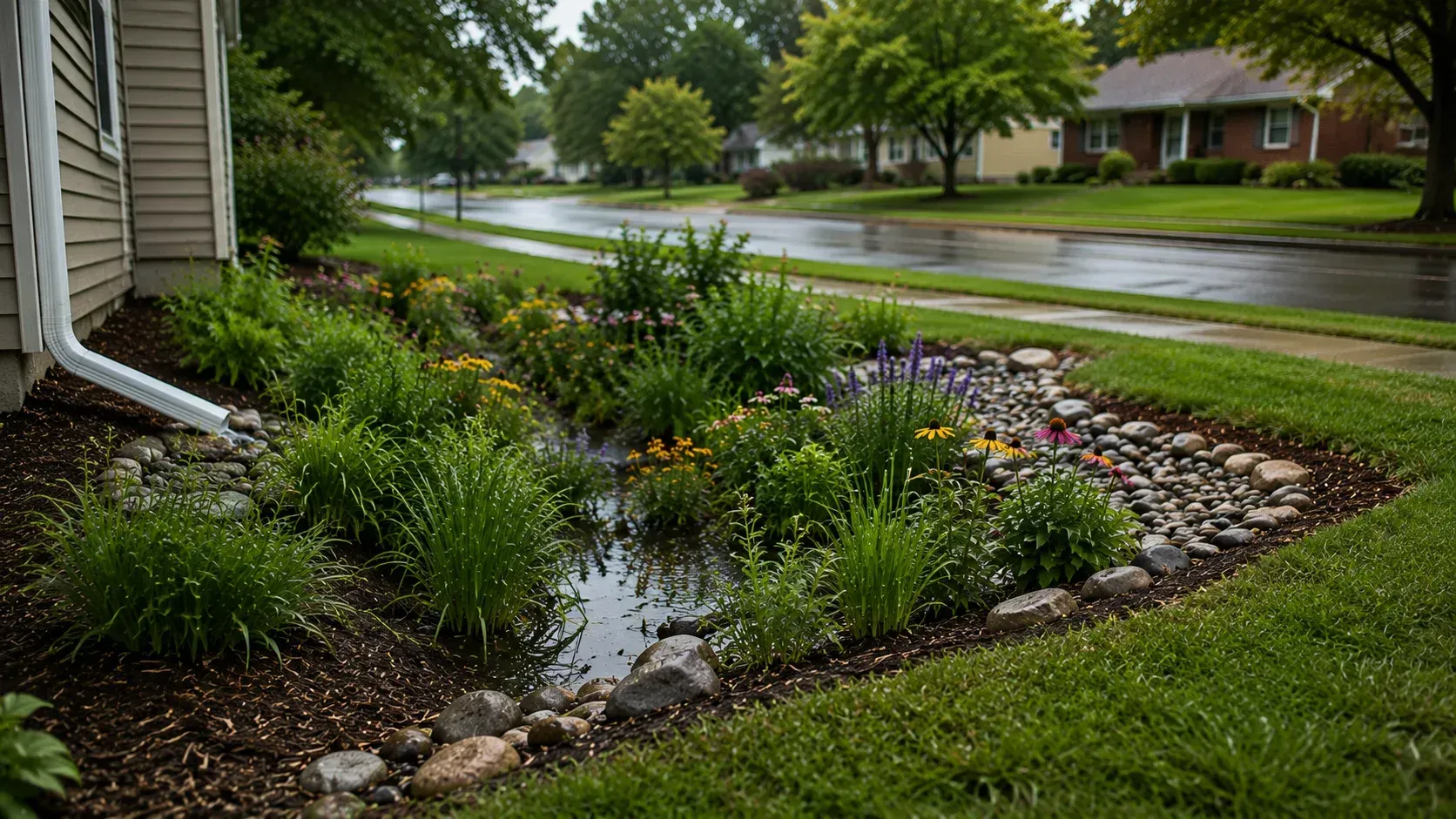 A residential rain garden designed for effective storm water management, featuring a downspout channeling rainwater into a shallow, stone-lined depression filled with lush perennial plants and flowers next to a green lawn.