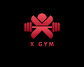 Red "X" gym logo with barbell and person silhouette on black background.