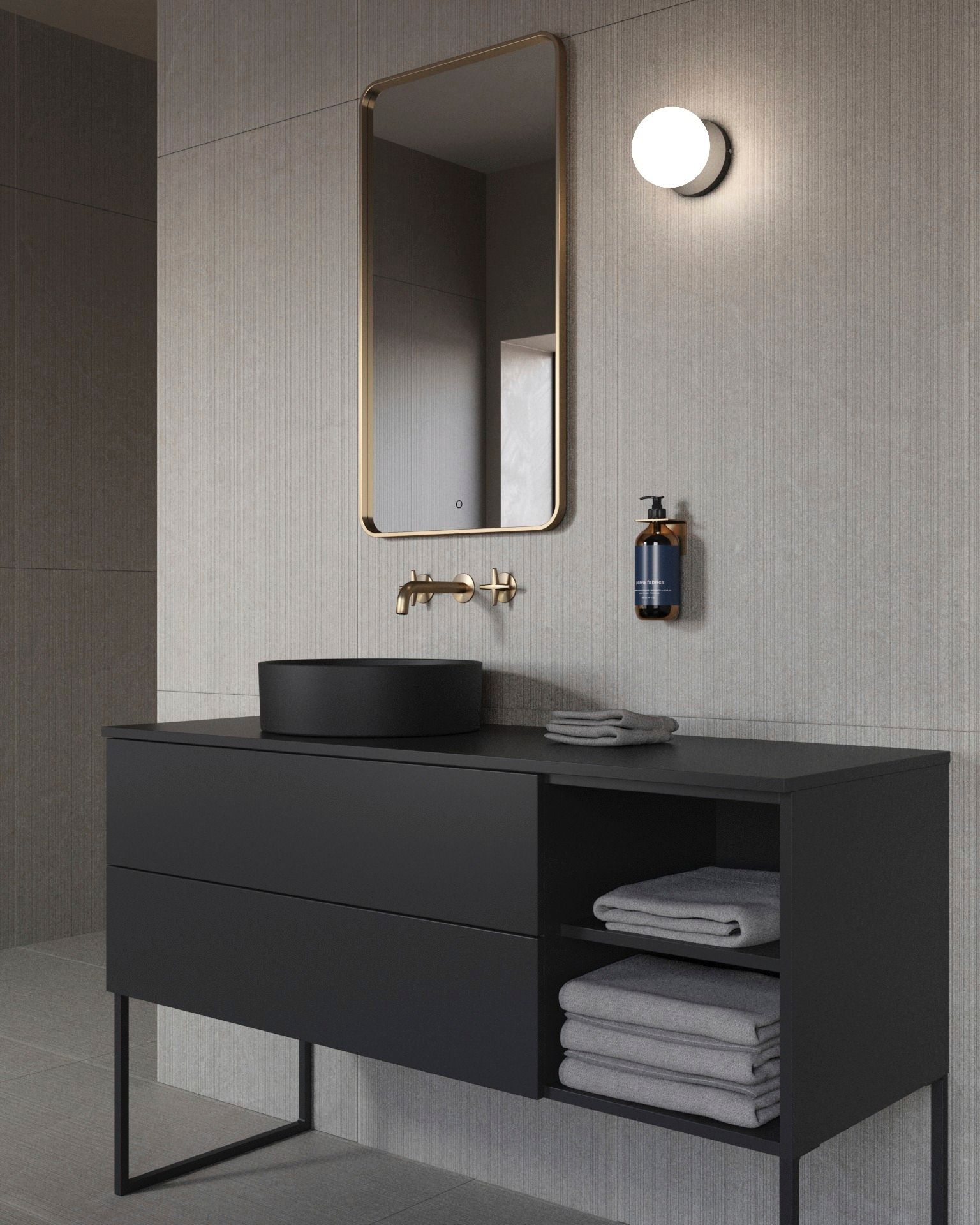 Meuble-lavabo de salle de bain noir moderne avec lavabo rond, miroir et éclairage mural.