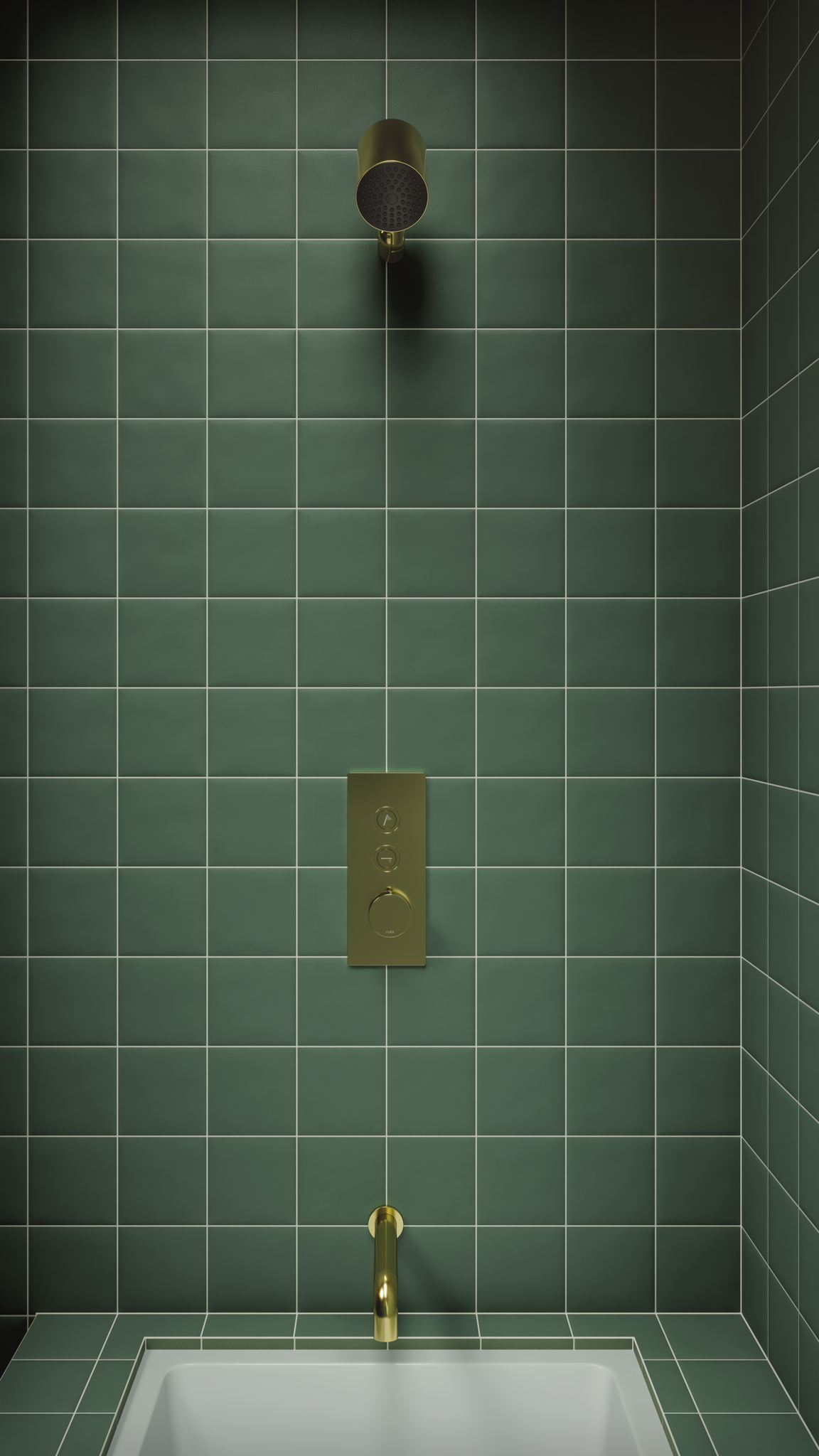 Douche carrelée verte avec accessoires dorés.