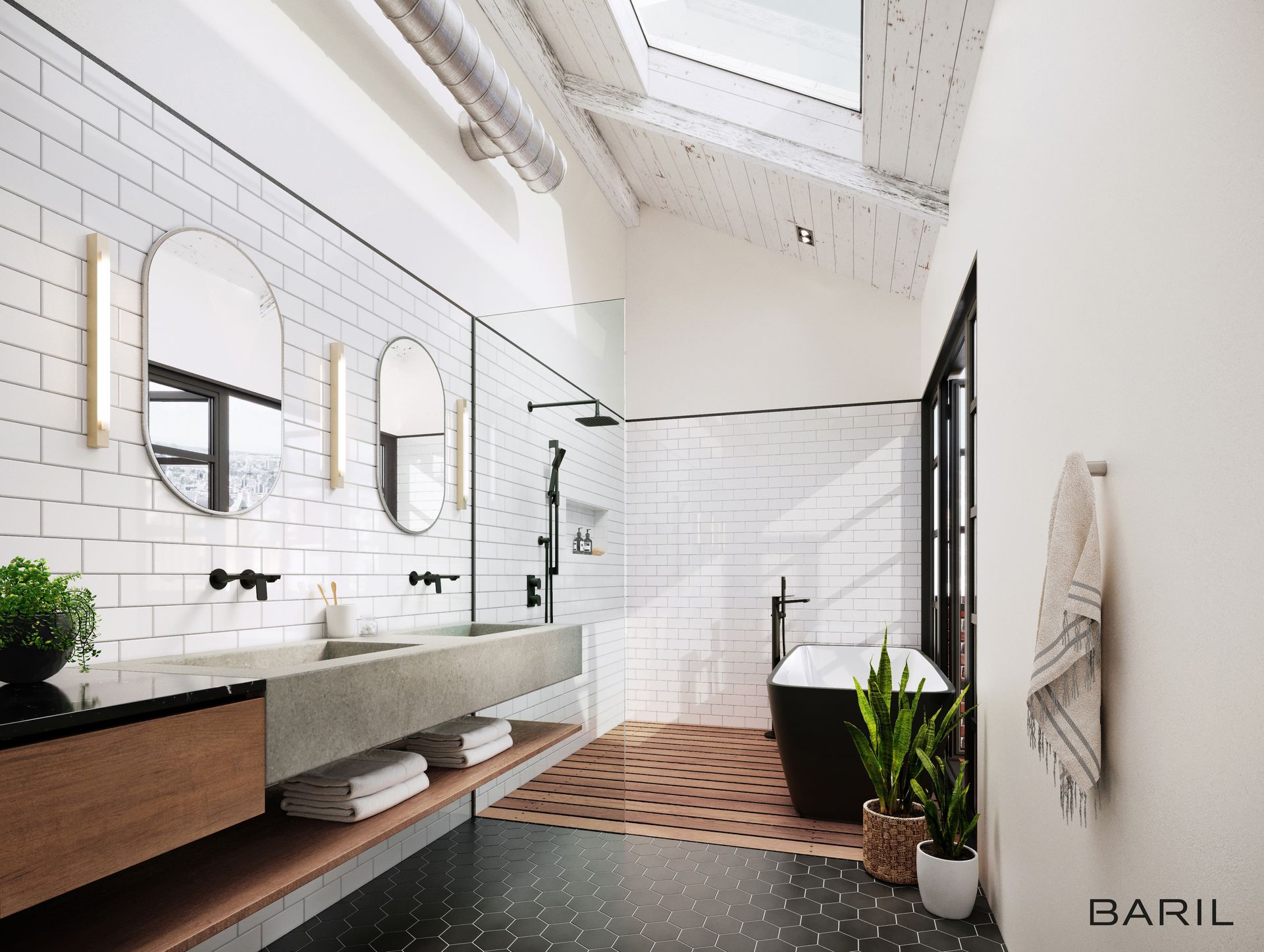 Salle de bain moderne avec mur en briques blanches, accents noirs et baignoire noire.