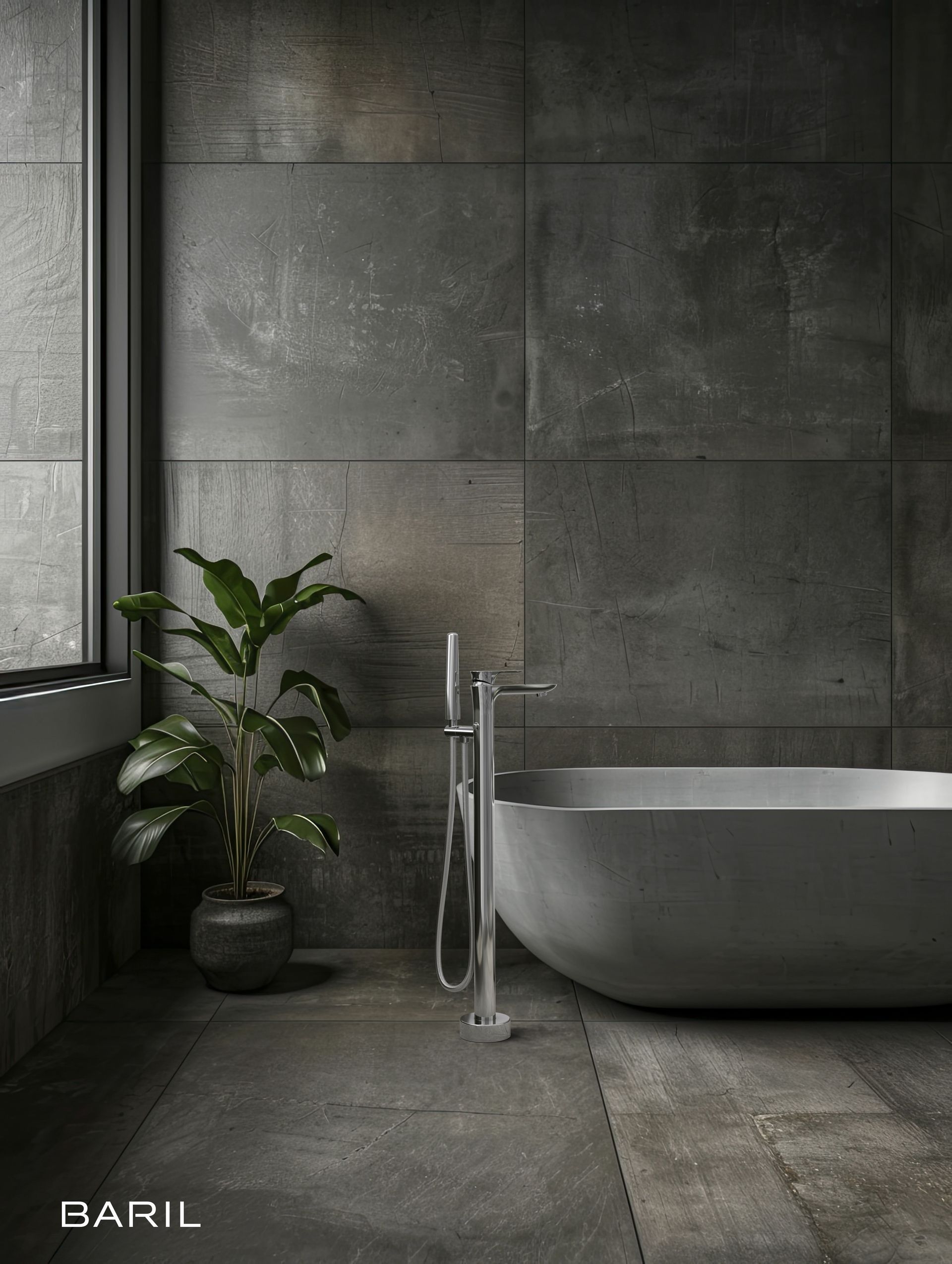 Salle de bain sombre et moderne avec une baignoire, une plante en pot et des murs en carrelage gris.