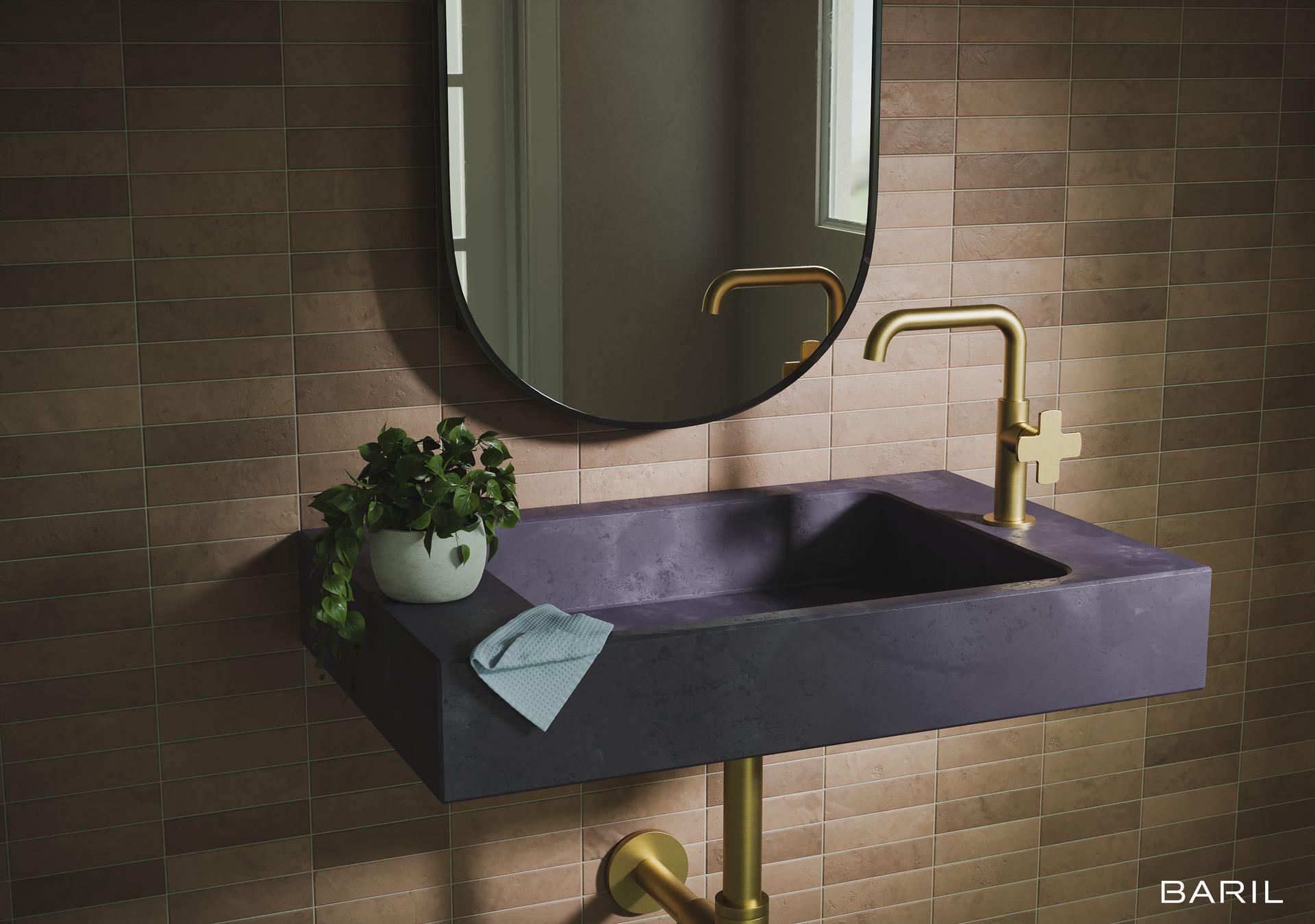 Lavabo violet avec robinet doré, miroir ovale et carrelage mural texturé de couleur bronze.