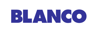 Logo BLANCO en bleu foncé sur fond blanc.