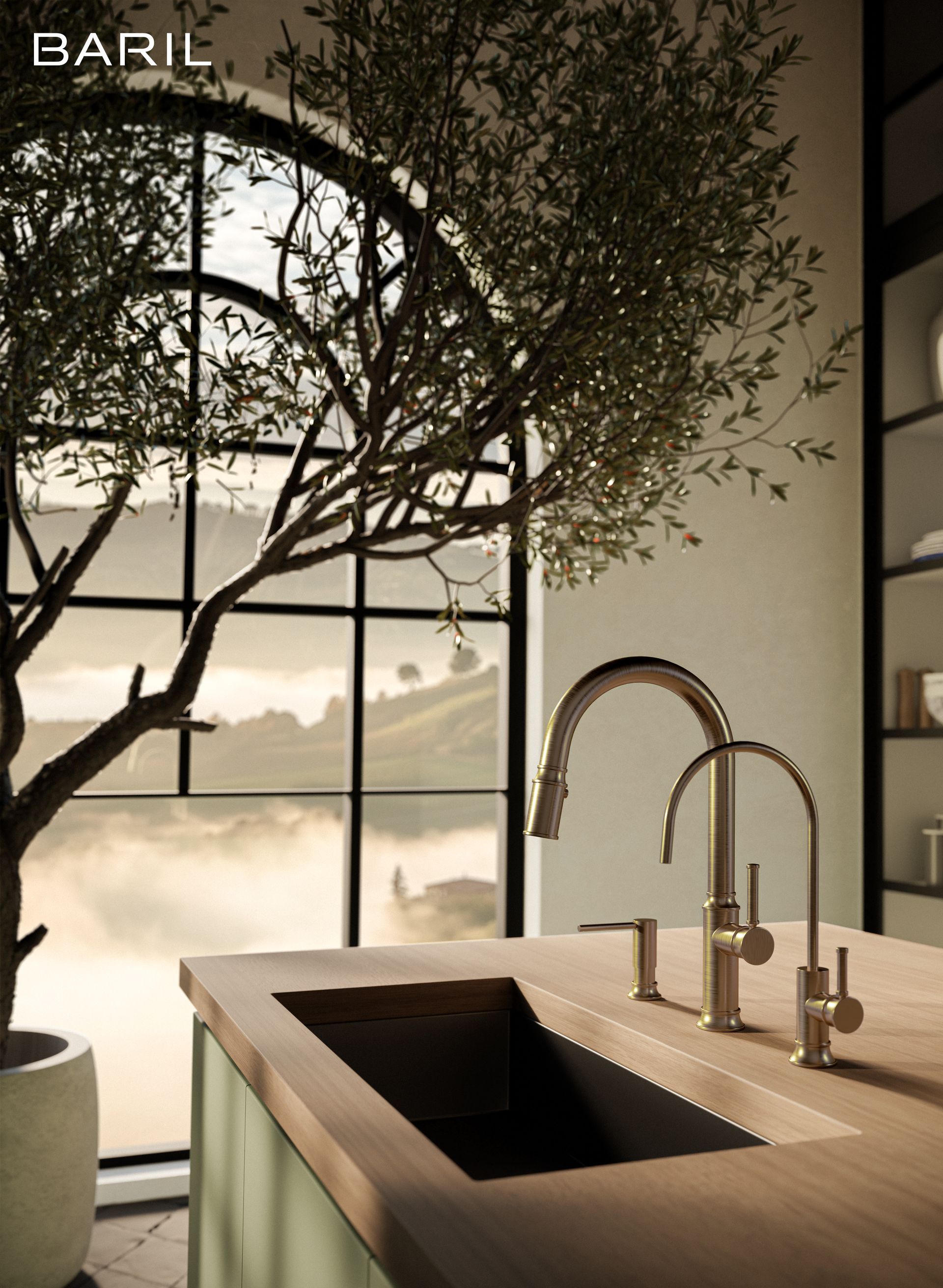 Cuisine avec robinets dorés, évier intégré, comptoir en bois, olivier et fenêtre avec vue panoramique.