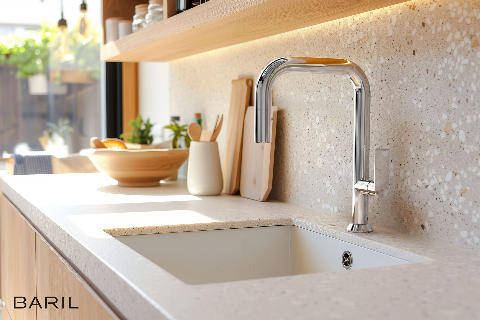 Évier de cuisine avec robinet chromé, comptoir clair et accents en bois.