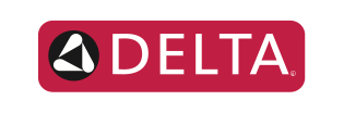 Logo Delta, texte blanc sur un rectangle rouge avec un cercle noir contenant un symbole delta blanc.