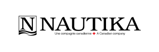 Logo Nautika : un carré avec un « N » à l'intérieur, avec des vagues. Sous les inscriptions « NAUTIKA », « Une compagnie canadienne » et « A Canadian company ».