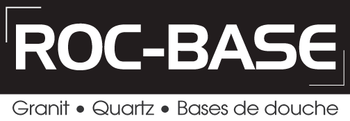 Logo de Roc-Base. Rectangle noir avec texte blanc : Roc-Base. En dessous : « Granit • Quartz • Bases de douche ».