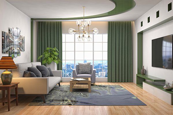 Green Curtain In Living Room — Curtains in Lismore, NSW