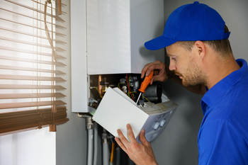 A man is fixing a boiler with a screwdriver in a room.