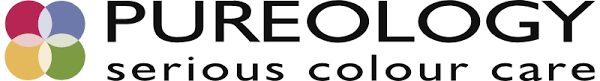 A logo for pureology serious colour care with a white background