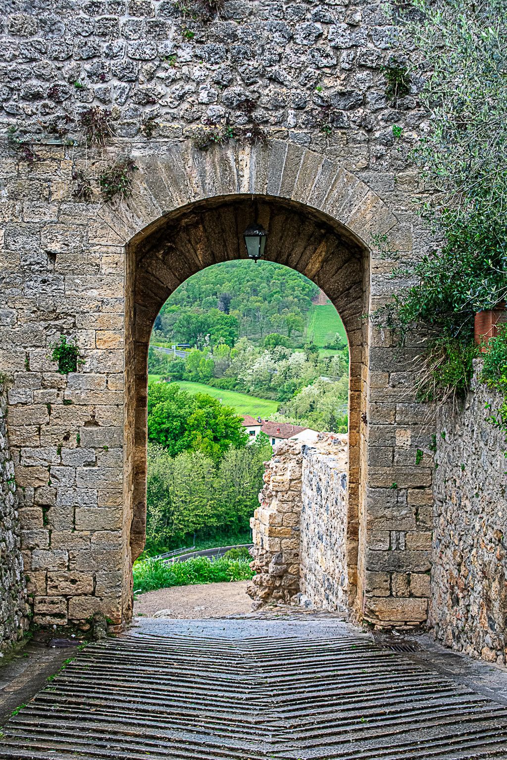 A stone archway with a view of a lush green field through it.