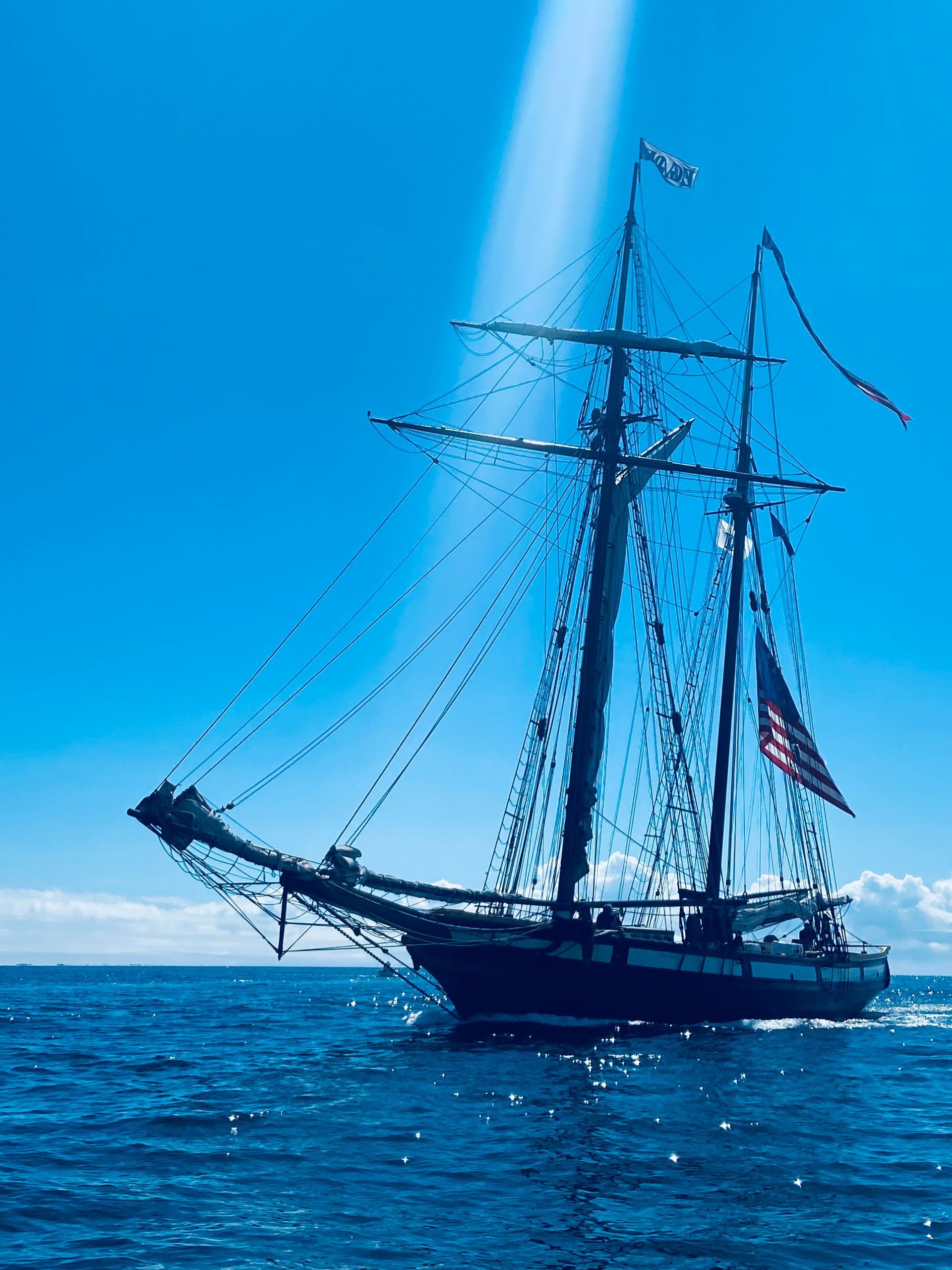 a large sailboat is floating on top of a body of water .
