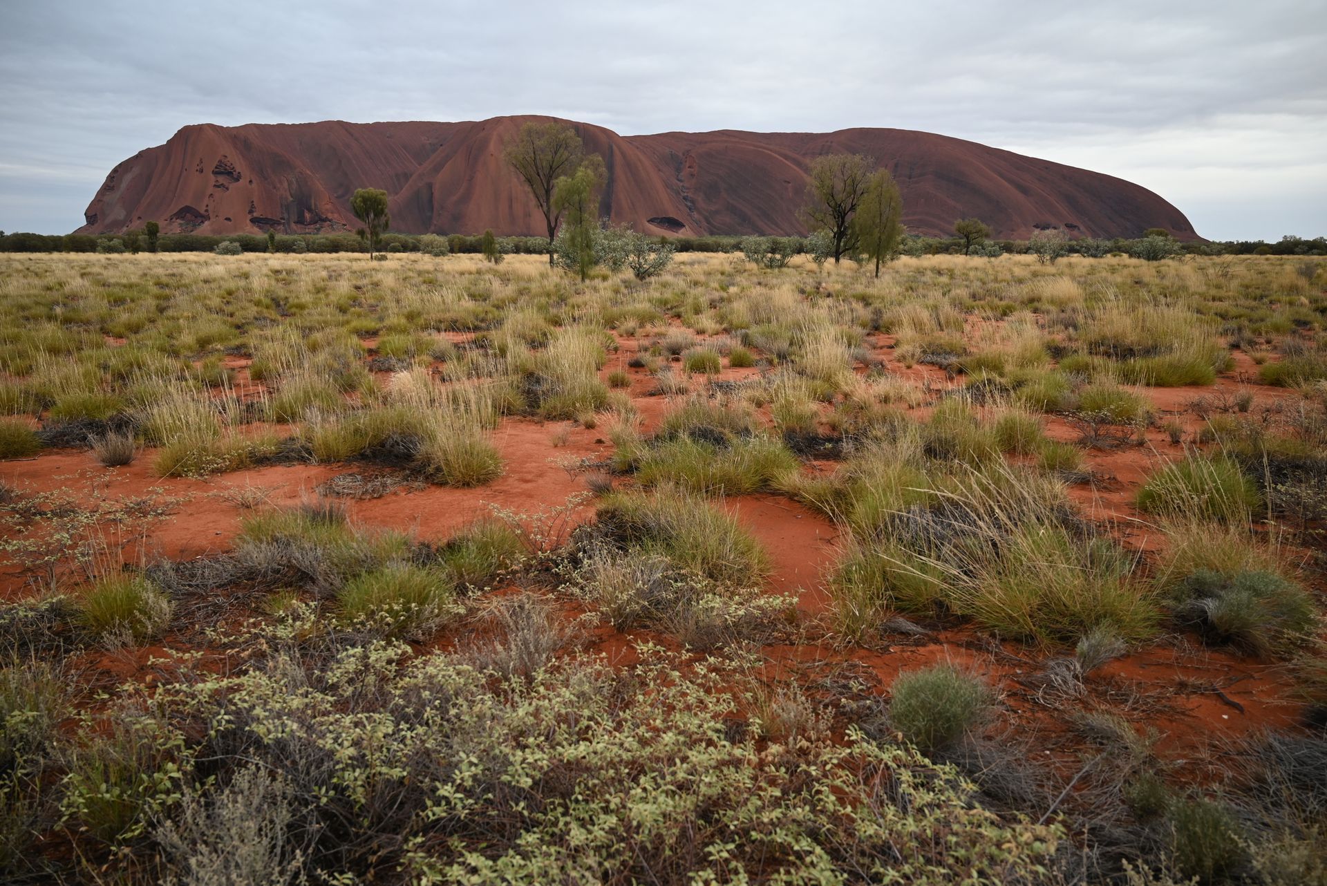 A large rock formation in the middle of a desert.