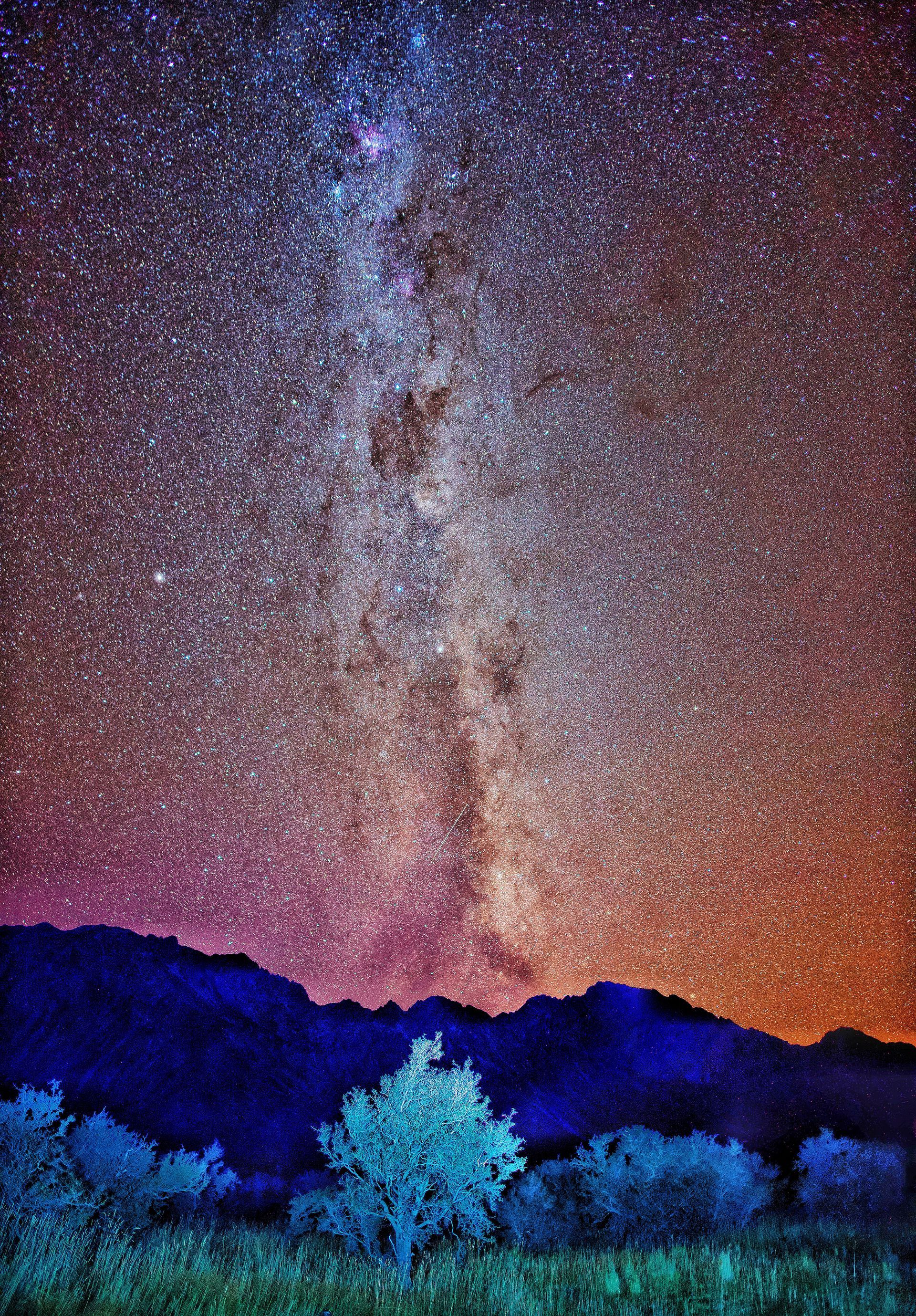 A starry night sky with a tree in the foreground and mountains in the background.