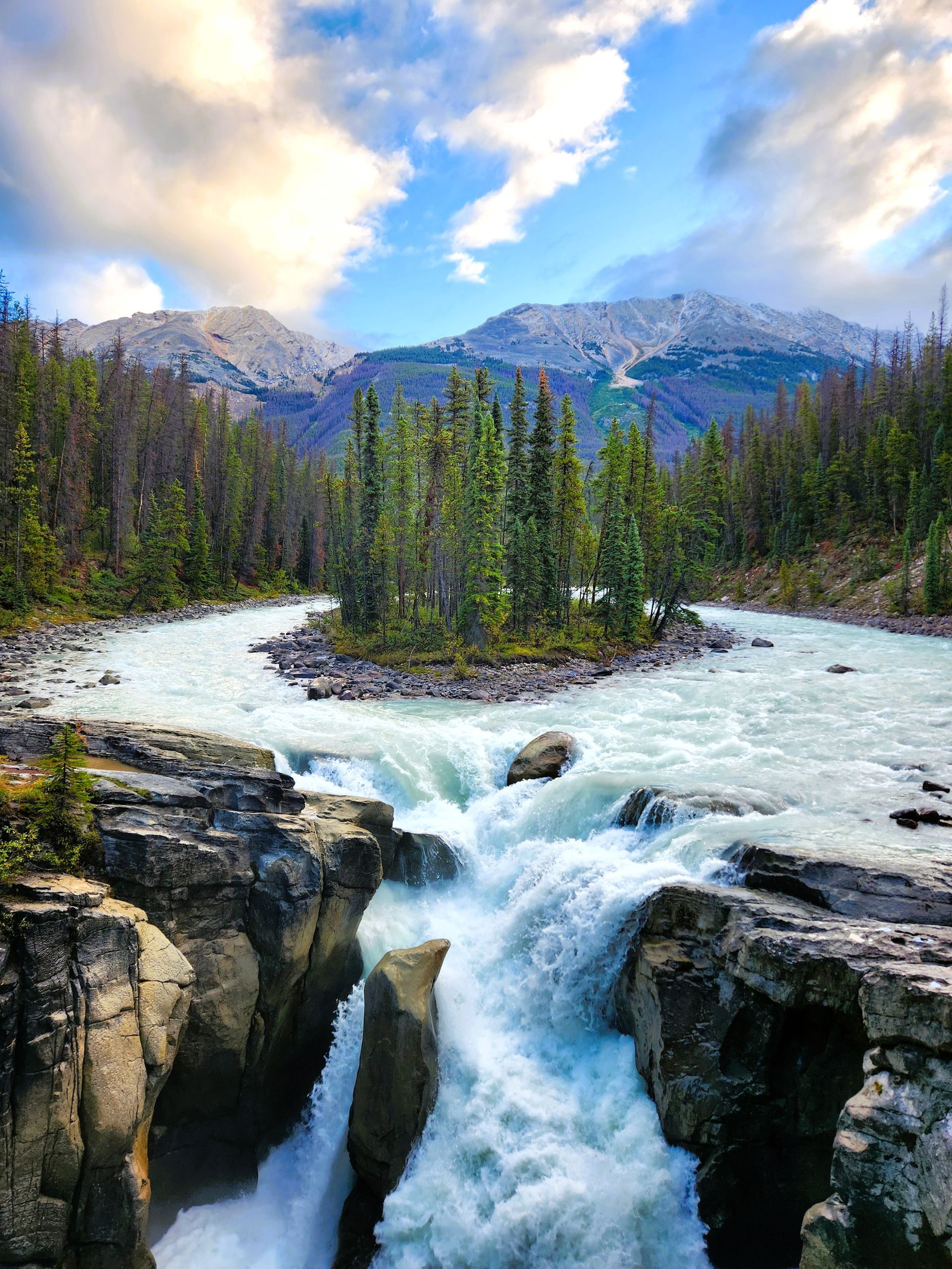 A waterfall is surrounded by rocks and trees in the middle of a river.