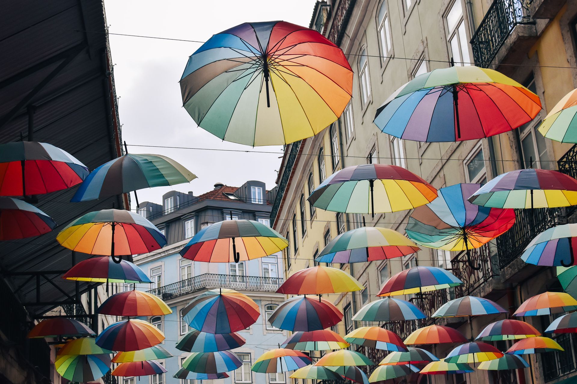 A bunch of colorful umbrellas are hanging from the ceiling