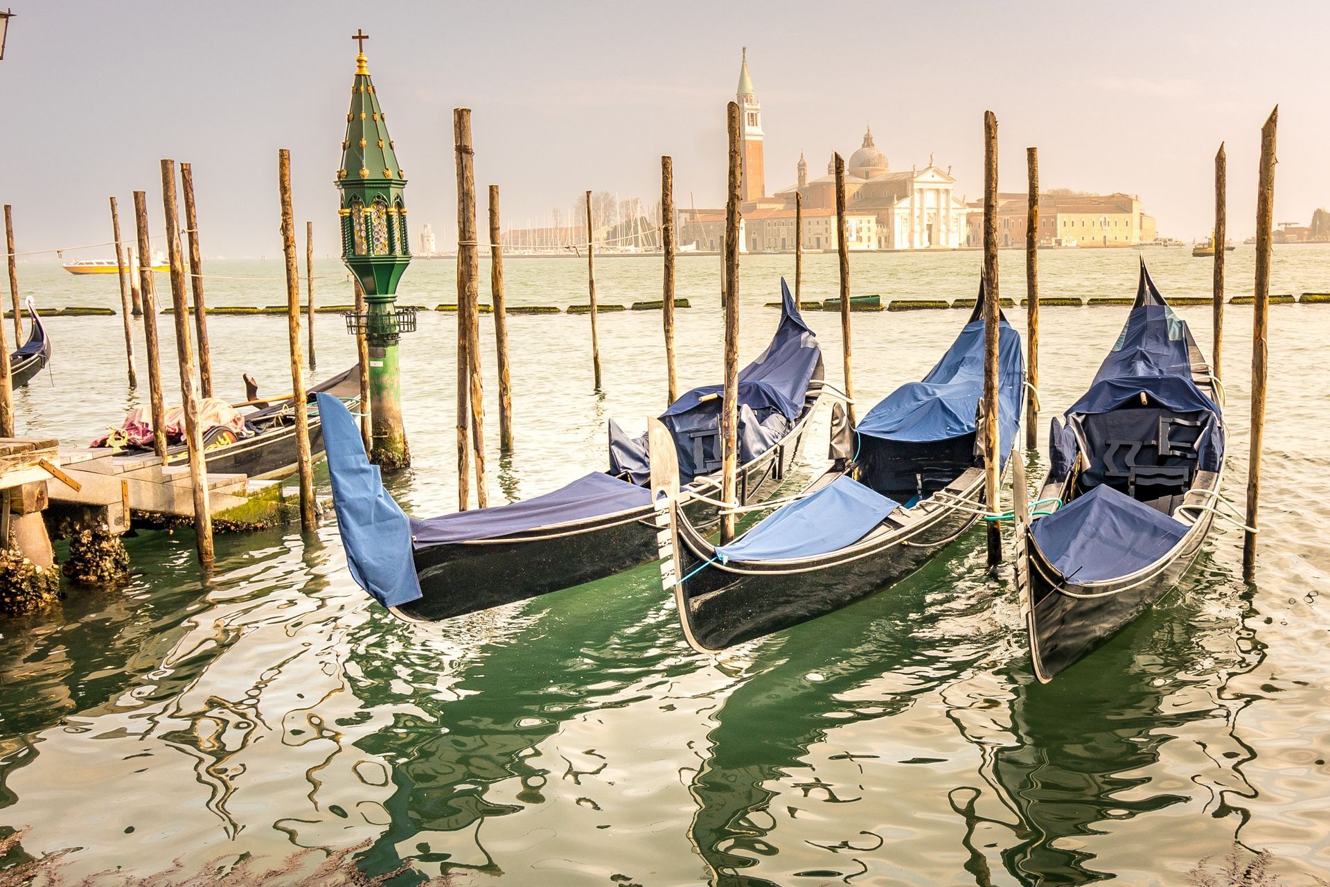 A row of gondolas are tied to wooden poles in the water.