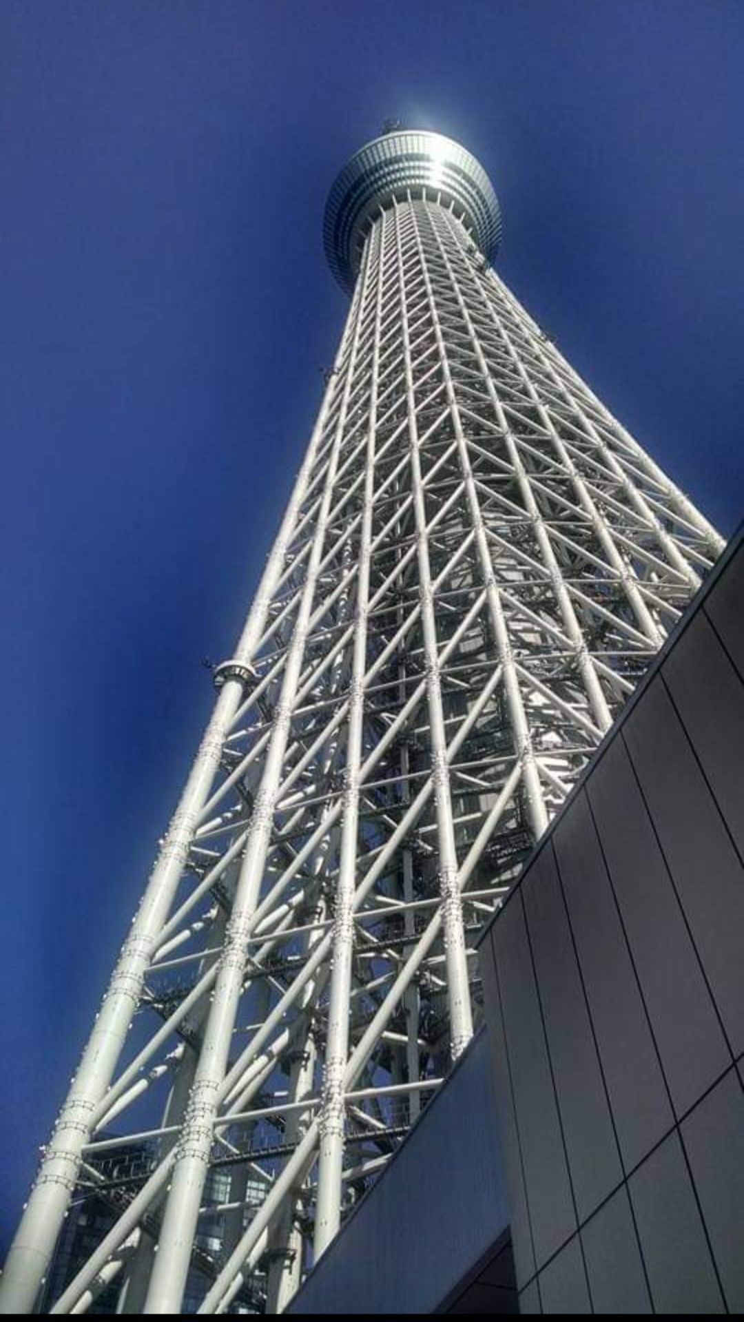 Looking up at a tall tower with a blue sky in the background.