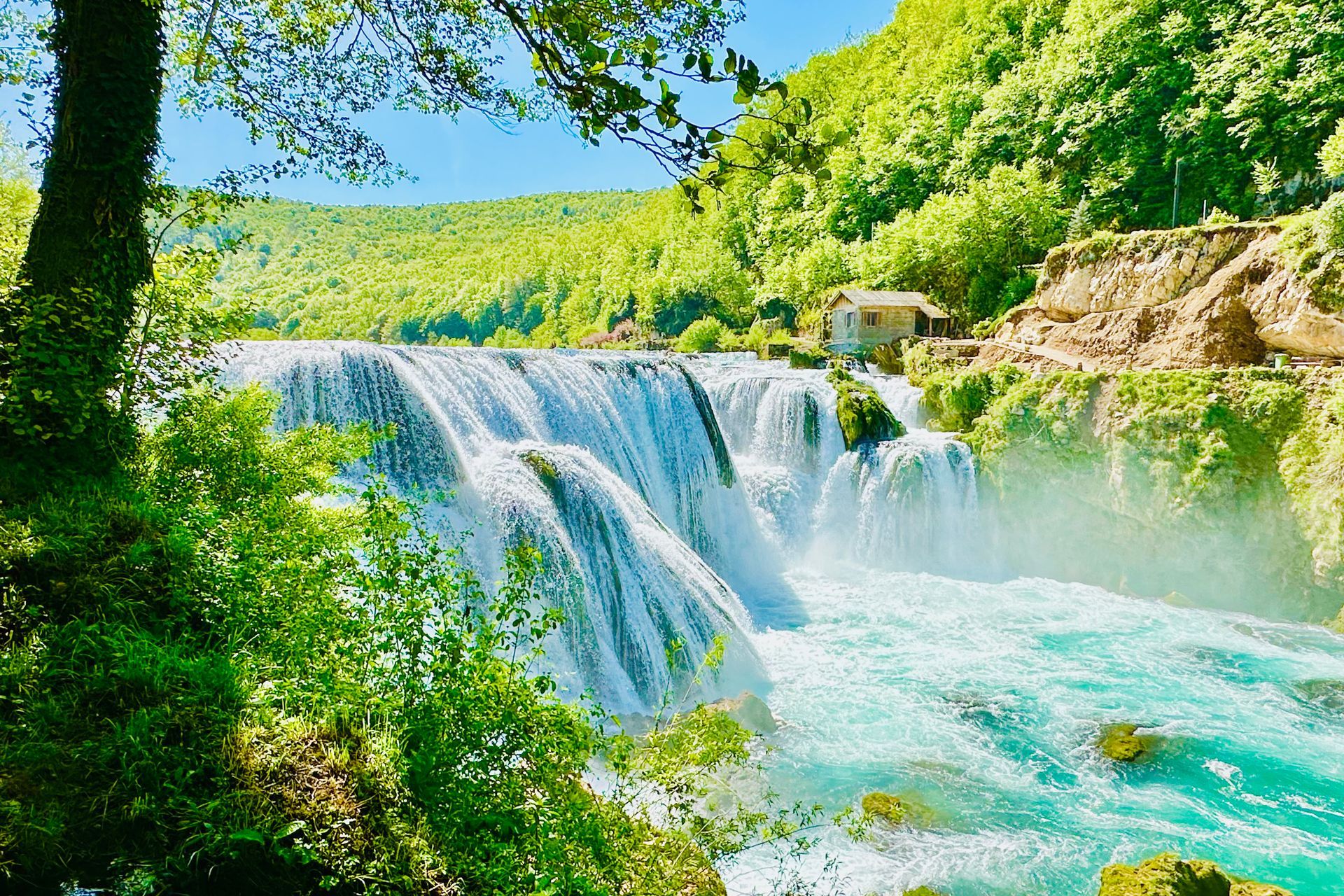 A waterfall in the middle of a forest with a house in the background.