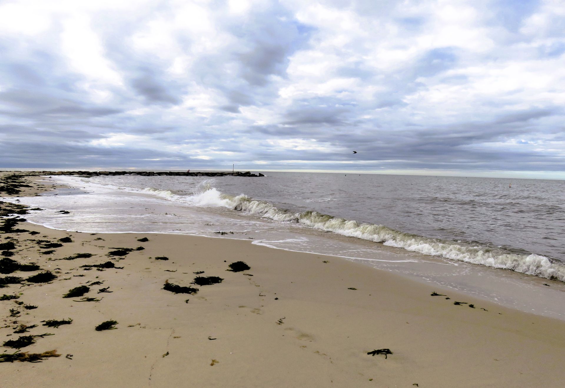 a beach with waves coming in on a cloudy day