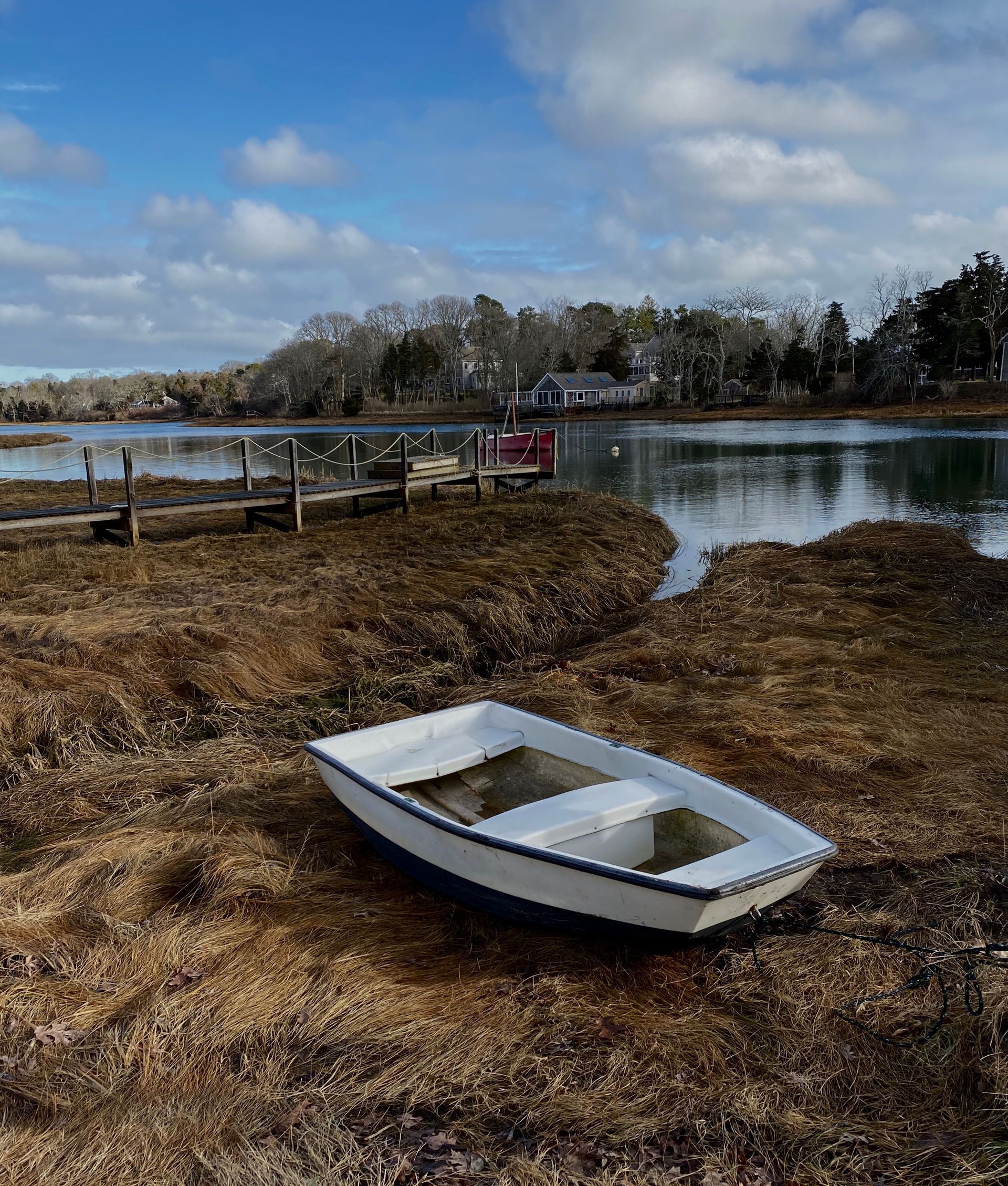 a small white boat is sitting on the shore of a lake .