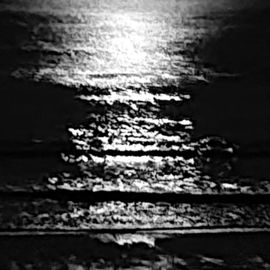 A black and white photo of a full moon rising over the ocean.