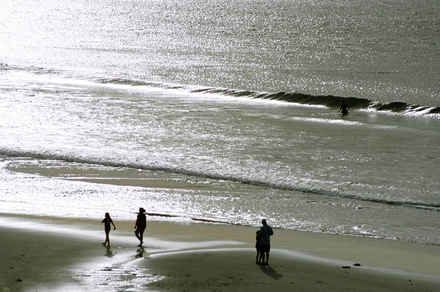 A couple of people walking on a beach near the ocean