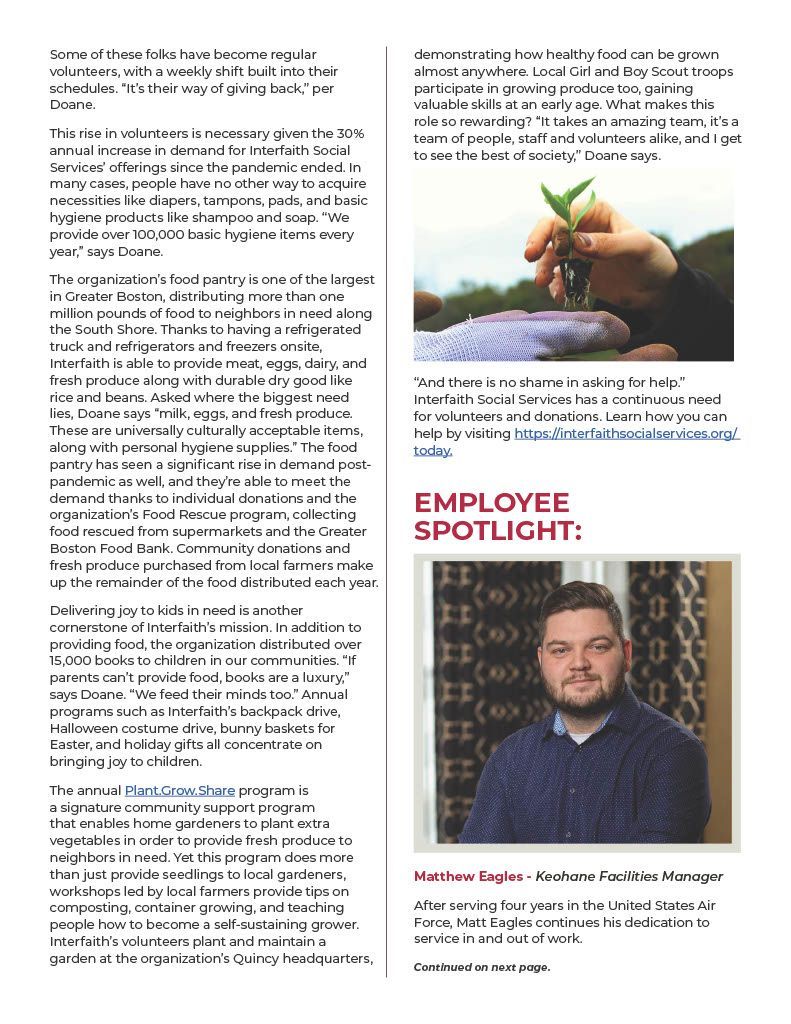 Keohane Funeral & Cremation's Community Connections quarterly newsletter, Volume III 2024. This page features the remainder of the Community Spotlight feature on Rick Doane, Executive Director of Interfaith Social Services.