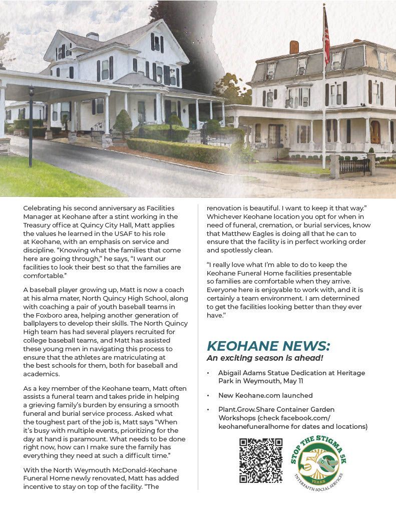 Keohane Funeral & Cremation's Community Connections quarterly newsletter, Volume III 2024. This page features a profile of Keohane Facilities Manager Matthew 