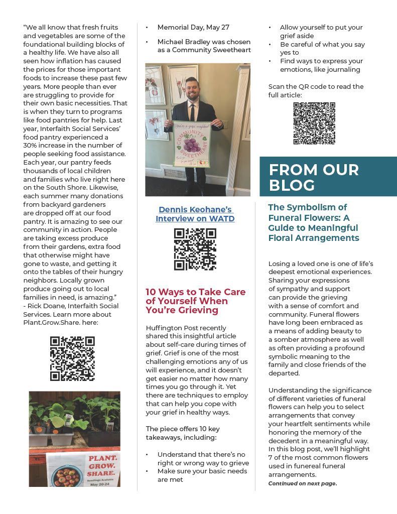 This page features photos of starter plants for the Plant.Grow.Share. program with Interfaith Social Services and a picture of Michael Bradley, Keohane apprentice funeral director and 