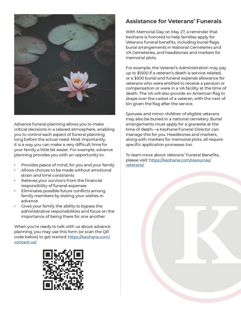 This page features insights on the benefits of advance funeral planning and Keohane Funeral & Cremation's available assistance for veterans' funerals. 